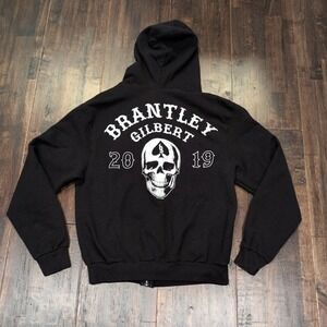 Brantley Gilbert 2019 Tour Skull Graphic Full Zip Hoodie Black White Adult Small